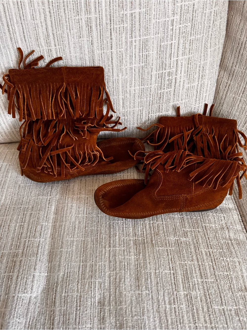 Minnetonka Chestnut Suede Triple Fringe Moccasins
